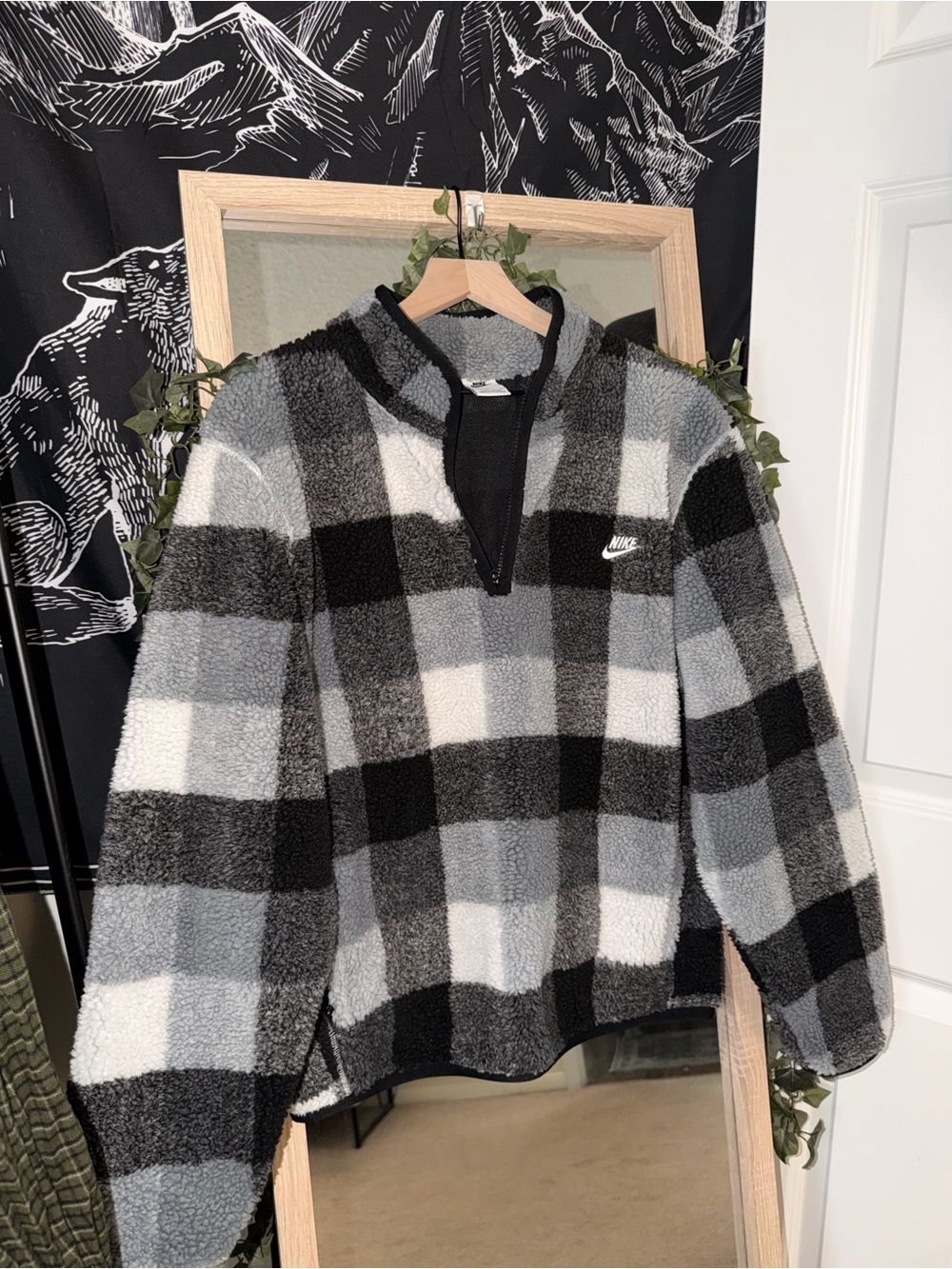 Nike Men's Black, Gray & White Plaid Sherpa Quarter-Zip Sweater